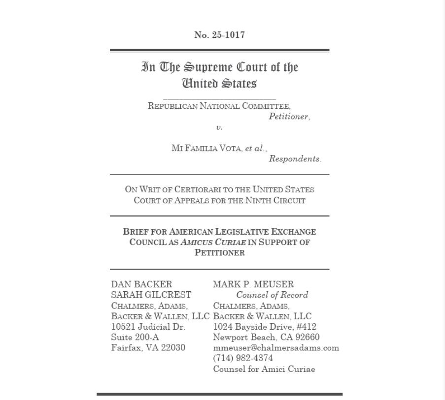 Cover page of ALEC amicus brief in Republican National Committee v. Mi Familia Vota